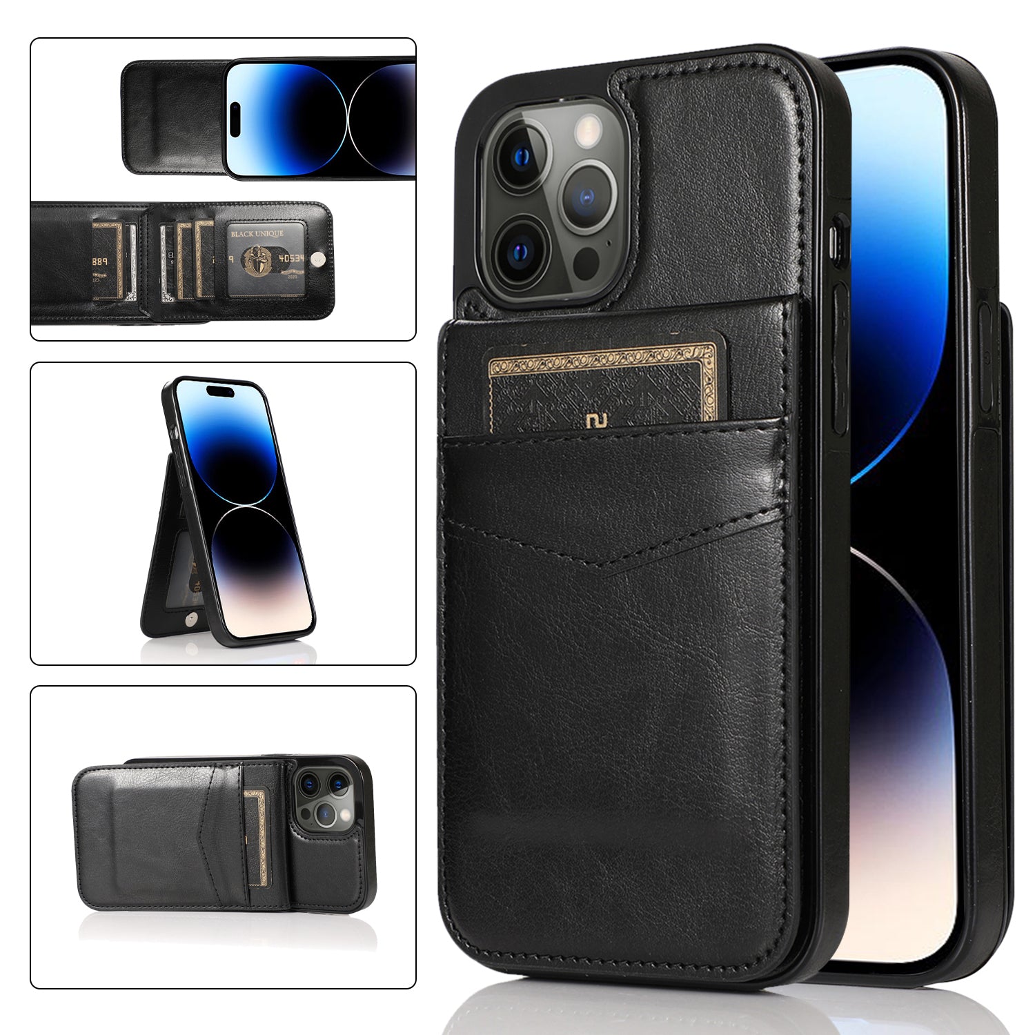 Kickstand Phone Cover for iPhone 14 Pro Max PU Leather + TPU Case with Card Holder Kickstand Phone Cover for iPhone 14 Pro Max PU Leather + TPU Case with Card Holder